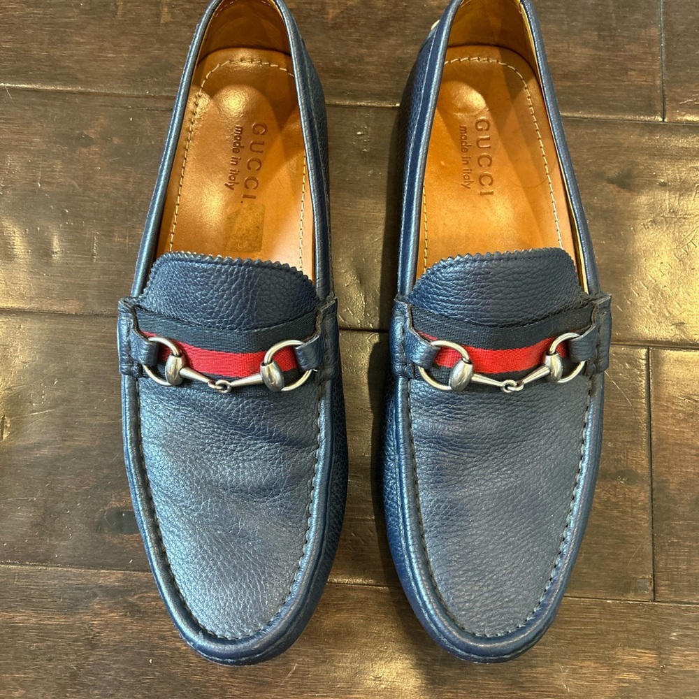 Gucci Blue and Red driver Loafers with Horsebit Accent